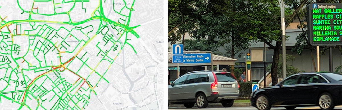 A traffic map with colored routes beside a street photo showing cars, road signs, and an LED parking location board.